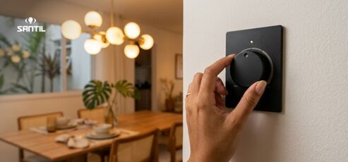 Controle de luz em ambiente moderno com mesa de jantar