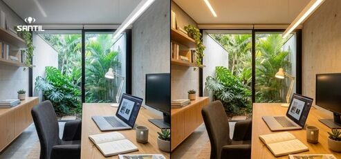 Escritório moderno com vista para jardim tropical