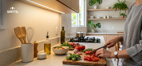 Preparando salada fresca na cozinha moderna